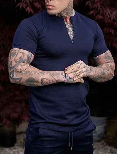  Herren T-Shirt Kurzarm Viertel Postleitzahl T-Shirt Muskel-T-Shirt Kurzarm-Shirt Außen Schnelltrocknend Trainieren Weich Schweißableitend Polyester Schwarz Weiß Marinenblau Fitnessstudio Klettern