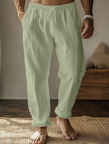 Herren Leinenhose Hose Hosen Sommerhosen Gazehose Kordelzug Elastische Taille Gerade geschnitten Glatt Komfort Atmungsaktiv In voller Länge Heim Casual Täglich Modisch Klassicher Stil Schwarz Weiß