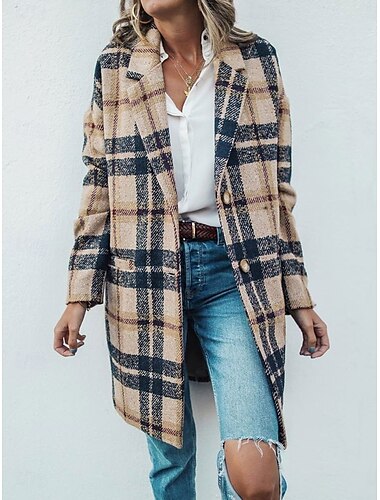  Damen Wintermantel Mantel Windundurchlässig warm halten Tasche Brautkleider schlicht Streetstyle Plaid Urlaub Arbeit Strasse Freizeitskleidung Einreihiger Verschluss Umlegekragen Lockere Passform