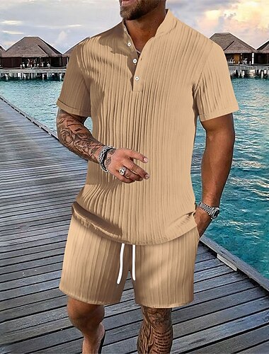  Herren 2 Stück Hemden-Set Sommer-Set Passende Sets Lässiges Hemd Knopfhemd Schwarz Weiß Königliches Blau Kaki Leicht Blau Kurzarm Glatt Kragen Urlaub Täglich Bekleidung Modisch Brautkleider schlicht