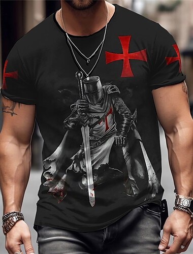 男性用 グラフィック テンプル騎士団 Tシャツ テンプル騎士団 T シャツ 半袖 Tシャツ 3Dプリント クルーネック シャツ ヴィンテージ ファッション デザイナー アウトドア 日常 スポーツ ルビーレッド ブルー パープル 春夏 衣類 S M L XL 2XL 3XL
