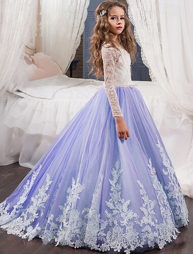  Blomsterpigekjole børn Pige Prinsesse kjole Ydeevne Bryllup Fest Elegant Smuk Net Blomst Langærmet Rund hals Hvid Lyserød 4 år +