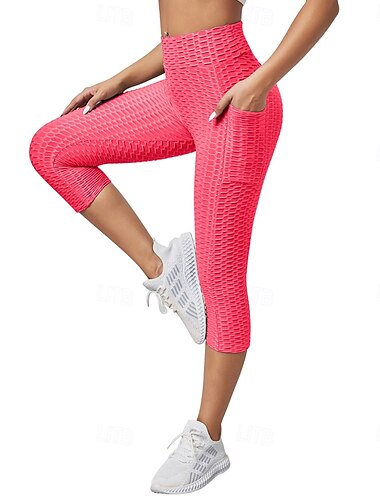  Damen Yogahose Yoga-Leggings Tasche Basic Bauchkontrolle Po-Lifting Hohe Taille Yoga Fitnesstraining Pilates Strumpfhosen Capri Leggings Mode Schwarz Rosa Rot Herbst Winter Sport Sportkleidung Dehnbar