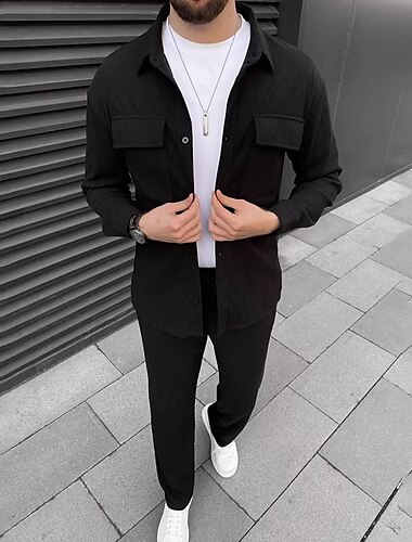  Herren 2 Stück Hemden-Set Passende Sets Lässiges Hemd Cord Hemd Knopfhemd Schwarz Braun Grün Kaki Grau Langarm Glatt Kragen Strasse Täglich Bekleidung Modisch Brautkleider schlicht