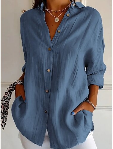  Damen Hemd Leinen-inspirierte Hemden Knopfleiste Bluse Einfarbig Basic Lässig Langarm Hemdkragen Normale Oberteile Täglich Knöpfe Weiß Rosa Blau Frühling Herbst