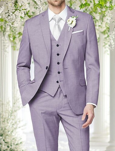  Heren Trouwen Linnen Kostuums Donker Khaki Luchtblauw Formeel Zomer Effen Kleur Tailored Fit 3-delig Enkelgevochten Eén knop