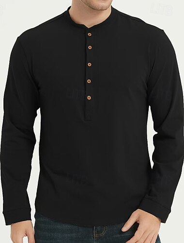  男性用 ボタンTシャツ Tシャツ ヘンリーシャツ ティートップ 長袖 ヘンリー 春 & 秋 平織り ファッション デザイナー ベーシック ボタン バケーション ストリート お出かけ ブラック ホワイト ロイヤルブルー メンズトップTシャツ