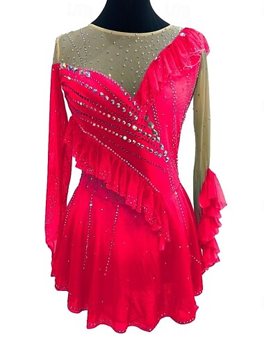  Eiskunstlaufkleid Damen Mädchen Eislaufen Kleid Rot Königsblau Patchwork Daumenloch Netzstoff Spandex Dehnbar Training Übung Professionell Eiskunstlaufkleidung Kristall / Strass Langarm Eiskundstlauf