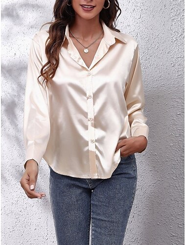  Damen Hemd Bluse Feste Farbe Basic Brautkleider schlicht Langarm V Ausschnitt Normale Oberteile Täglich Knopf Weiß Rote Beige Sommer Frühling Herbst