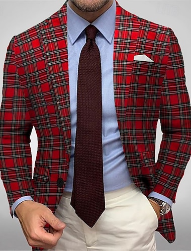  Heren Ruit Mode Blazer Jacket Rood Regular Standaard Pasvorm Enkele Knopen