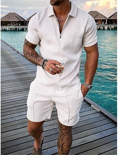  Hombre polo con cremallera Juego de camiseta Conjunto de chándal de verano de 2 piezas Camiseta y pantalones cortos Manga Corta Cuello de polo Casual Cerrar Casual Diario Limón Rosa Negro Camiseta