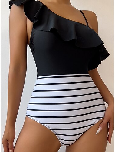  Damen Badeanzug Ein Stück Monokini Bademode Rüsche Rückenfrei Bauchkontrolle Hohe Taillenlinie Schlank Urlaub Strandbekleidung Streifen Asymmetrischer Hals Ärmellos Badeanzüge