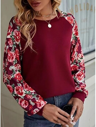  Damen Valentinstag Pullover Sweatshirt Blumenmuster Regular Tops Langarm Rundhalsausschnitt Print Regular Fit Street Casual Alltagskleidung Schwarz Wein Frühling Herbst