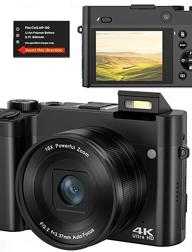  4k uhd digitalkamera 64mp doble kameraer autofokus selfie vlogging med lyssterk blits 16x zoom kompakt reisekamera pek og skyt