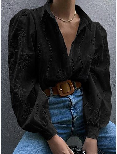 Damen Hemd Bluse Feste Farbe Brautkleider schlicht Langarm Hemdkragen Normale Oberteile Täglich Patchwork Schwarz Weiß Blau Frühling Herbst
