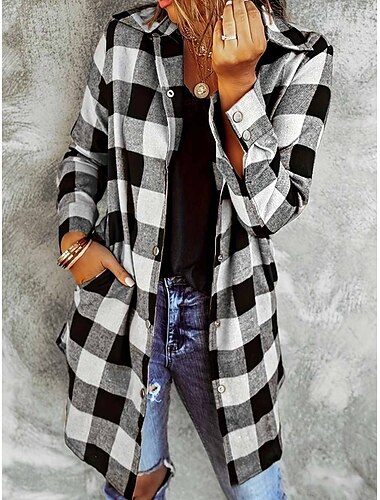  Damen Freizeitjacke Outdoor Strasse Täglich Herbst Winter Lang Mantel Regular Fit warm halten Atmungsaktiv Zeitgenössisch Stilvoll Jacken Langarm Streifen und Plaid Mit Taschen Bedruckt Weiß Rote