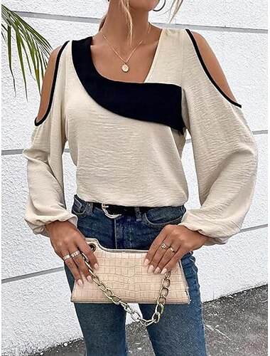  Femme Chemise Chemisier Couleur unie basique Décontractées manche longue Col V Hauts réguliers du quotidien Patchwork Découpé Noir Beige Printemps & Automne