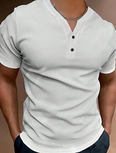  男性用 ボタンTシャツ Tシャツ ヘンリーシャツ ワッフルニットTシャツ 半袖 ヘンリー 春夏 平織り ファッション デザイナー ベーシック ボタン バケーション ストリート お出かけ ブラック ホワイト レッド メンズトップTシャツ