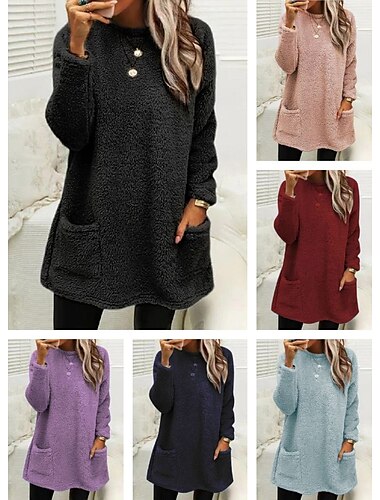  Damen Pullover Feste Farbe Sport Teddy Basic Langarm Rundhalsausschnitt Lange Oberteile Strasse Casual Tasche Marron Schwarz Weiß Hellgrün Rosa Herbst Winter