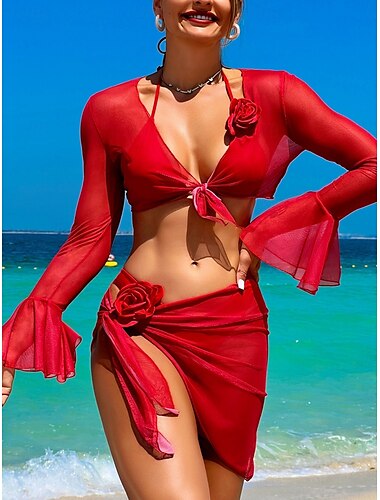  maillot de bain femme valentine bikini jupe maillot de bain dos nu slim vacances plage vêtements couleur unie licou cou sans manches manches longues maillots de bain rouge