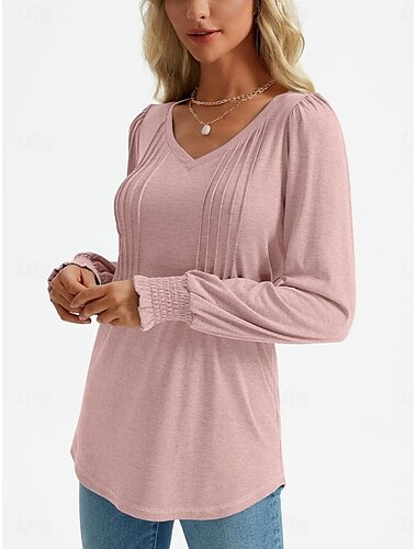 Per donna Camicia Blusa Tinta unica Essenziale Informale Manica lunga A V Top regolari Giornaliero Increspato A punto smock Rosa Blu Verde Estate Primavera