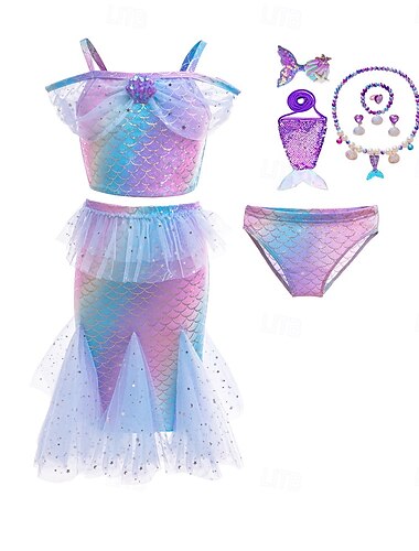  Peuter Voor meisjes Drie stuk Zeemeermin zwemkleding Badmode Strand Zwemmen Weegschalen leuke Style Netstof Badpakken 4-7 jaar Zomer Blozend Roze blauw