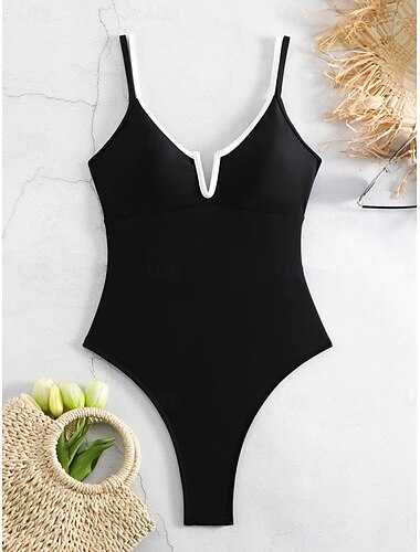  Damen Badeanzug Ein Stück Monokini Bademode Rückenfrei Bauchkontrolle Hohe Taillenlinie Schlank Urlaub Strandbekleidung Feste Farbe V Ausschnitt Ärmellos Badeanzüge