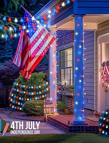  1 guirlande lumineuse patriotique à 100 LED, 33 pieds, pour le 4 juillet, jour de l'indépendance, boule rouge, bleue et blanche, guirlande décorative à LED, ambiance de fête, rassemblement patriotique, télécommande à 8 fonctions, boîtier de piles étanche