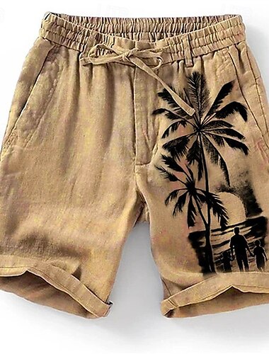  Voor heren Korte broek Linnen korte broek Zomer korte broeken Strandshorts Trekkoord Elastische taille Kokosnootboom Comfort Ademend Knielengte Buiten Feestdagen Strand Vakantie Hawaii blauw Groen