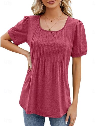  Damen Hemd Bluse Feste Farbe Basic Brautkleider schlicht Kurzarm Rundhalsausschnitt Normale Oberteile Täglich Rüschen Weiß Wein Marineblau Sommer Frühling
