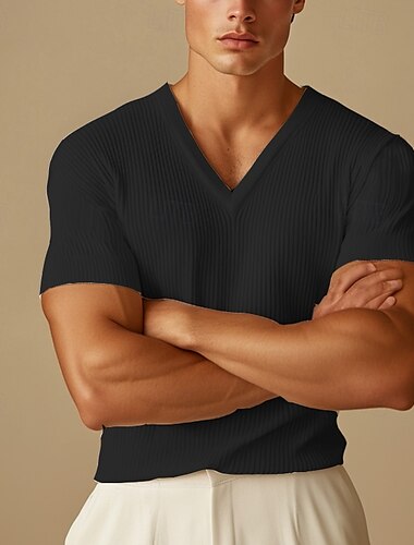  Herre Kortærmet skjorte Ribstrikket t-shirt Tee Top Kortærmet V-hals Sommer Efterår Vinter Helfarve Pit Strip Sport Daglig Klassisk Stil udendørs Afslappet Lyseblå Sort Hvid Top T-shirt til mænd