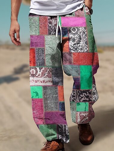  Herren Farbblock Patchwork Mittlere Taillenlinie Hawaiianisch Brautkleider schlicht Outdoor Casual Festtage Hose mit geradem Bein Sommer Frühling 3D-Druck Rote Blau Braun