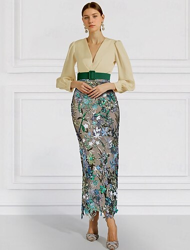 Etui-/Säulen-Abendkleid, elegantes Kleid, formelle Hochzeit, knöchellang, lange Ärmel, V-Ausschnitt, Gürtel/Schärpe, mit Pailletten und Schlitz, Stickapplikationen 2025