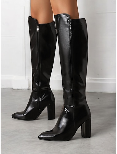  Botas altas hasta la rodilla de charol negro para mujer con tacones de bloque, diseño elegante para vestidos de noche de moda y ocasiones especiales