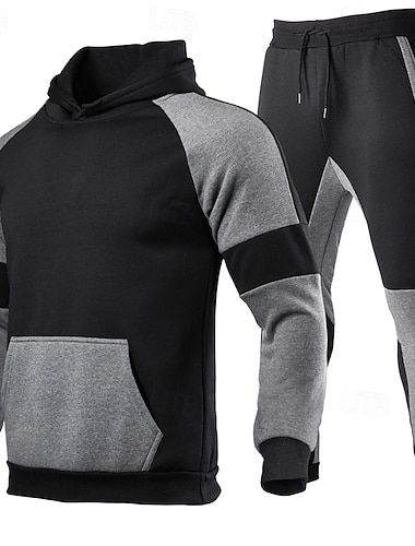  Voor heren Trui met capuchon Trainingspak sweatsuit Truien instellen Zwart Rood Lichtgrijs Zwart+Grey Grijs Capuchon Kleurenblok Trekkoord 2-stuks Voorvak Sport & Outdoor Dagelijks Feestdagen