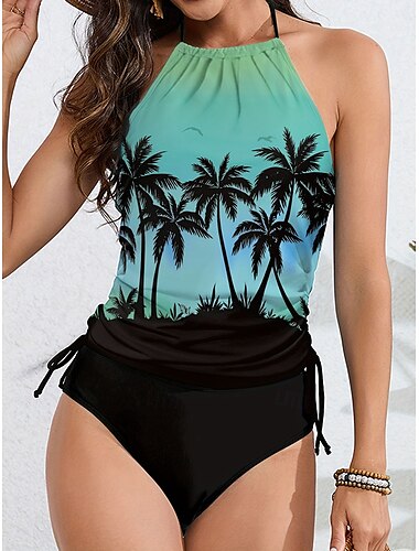  Frauen Tankini Zweiteilige freizügige Badeanzug rückenfrei Urlaub Strandkleidung Ombre Halterneck ärmelloses Badebekleidung