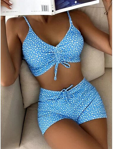  Mujer Bañadores Bikini 2 piezas Bermudas Traje de baño Espalda al Aire Delgado Vacaciones Ropa de playa Floral Cuello halter Sin Mangas Trajes de baño