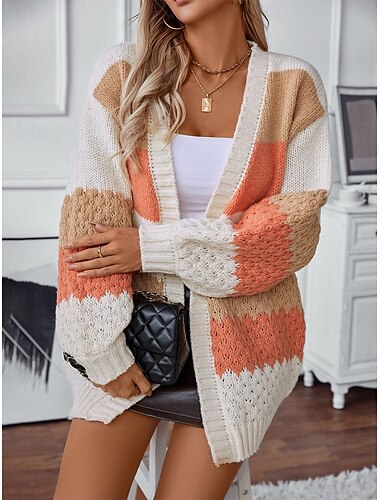  Damen Pullover Strickjacke Elegant Mode Streetwear Gestreift Öffnung vorne Gestrickt Langarm Normale Oberteile Stricken Outdoor Täglich Wochenende Purpur Orange Herbst Winter