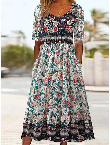  Dames Maxi-jurk Casual jurk Swingjurk A lijn jurk Boho-jurk Casual Dagelijks Normale pasvorm Bloemig Korte mouw V-hals Zwart Rood Marineblauw Koningsblauw Zomer Lente Herfst