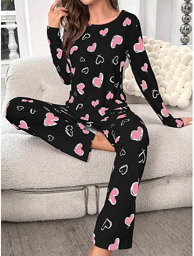  Dam Pyjamas set Ledigt Komfort Comfrt Hjärta T-shirt Byxa Hem Långärmad Rund hals Rodnande Rosa Vår Höst Vinter