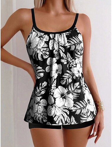  Femme Maillots de Bain Tankini 2 pièces Jambe de garçon Maillot de bain Dos Nu Taille haute Vacances Tenues de plage Floral Feuilles Col Rond Sans Manches Maillots de bain