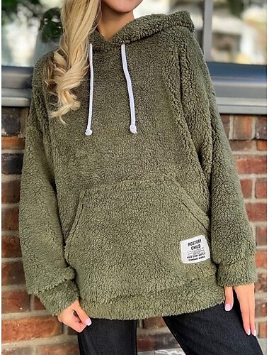  Mulheres Pulôver Moletom Com Capuz Tecido Quente Roupa de rua Casual Manga Longa Com Capuz Tops regulares Casual Patchwork Preto Verde cáqui Primavera Outono Inverno