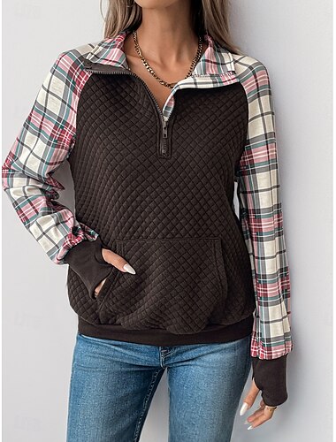  Damen Sweatshirt Casual Plaid Plain Street Alltagskleidung Rundhals Patchwork Reißverschluss Langarm Braun Herbst Winter