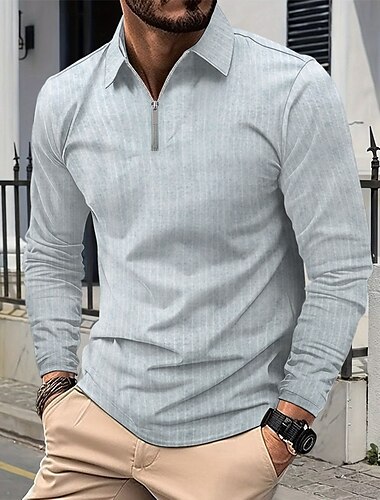  Men's Polo Shirts Quarter Zip Polo Vacation Street Quarter Zip Long Sleeve Fashion Basic Stripes Pocket Spring &  Fall Regular Fit Light Blue Black Navy Blue Dark Green Khaki Gray Polo Shirts
