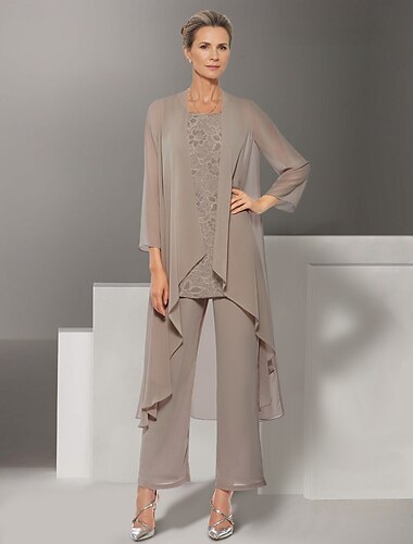  Overall/Hosenanzug, dreiteilig, Kleid für die Mutter der Braut, Strandhochzeit, eleganter Rundhalsausschnitt, bodenlang, Chiffon, lange Ärmel, Wickelkleid inklusive, mit Spitze, einfarbig, 2025
