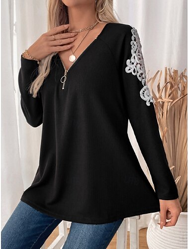  Dames T-shirt Effen Modieus Modern Casual Lange mouw V-hals Normale tops Dagelijks Weekend Lapwerk Geborduurd Zwart Herfst Winter