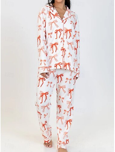  Damen Schlafanzug Set Brautkleider schlicht Komfort Graphic Knopf hoch Tasche Elastische Taille Hemd Hose Heim Valentinstag Täglich Langarm Hemdkragen Weiß Rosa Rote Sommer Frühling Herbst Regular Fit