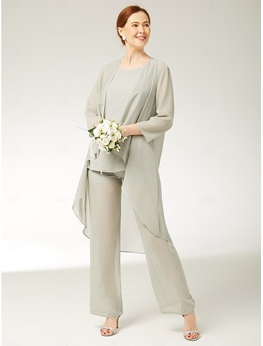  Jumpsuits 3-teilig Mutter der Braut Strandhochzeit Eleganter Wickel inklusive Bateau-Ausschnitt Bodentiefer ChiffonÄrmelosy mit einfarbiger Jacke 2025