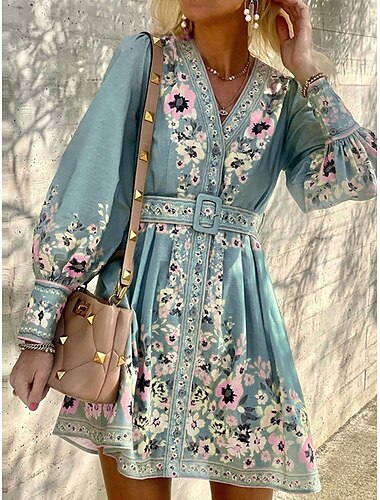  Damen Minikleid Casual kleid Boho Chic Kleider Boho-Kleid Elegant Böhmen Kuschelig Urlaub Täglich Strand Lockere Passform Graphic Langarm V Ausschnitt Hellgrün Himmelblau Purpur Frühling Herbst