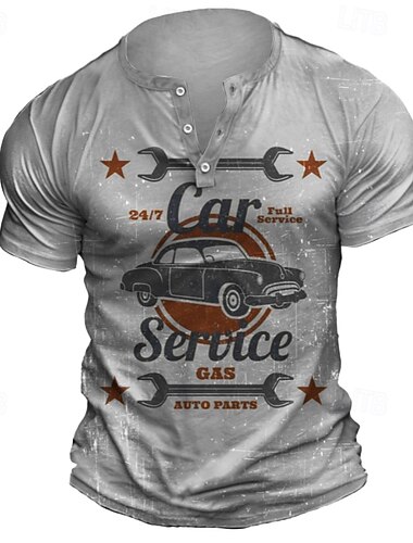  Herren Graphic Car Service T Shirt Henley Shirt Kurzarm Retro Vintage Strasse Casual Täglich Sommer Frühling Hellblau Khaki Grau Henley Henley T-Shirt
